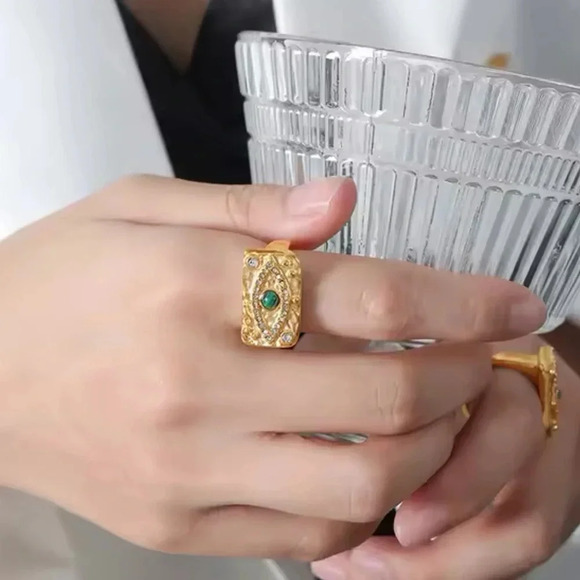 Baroque Malachite 18K Gold Stainless Steel Waterproof Eye Ring - Picture 3 of 16